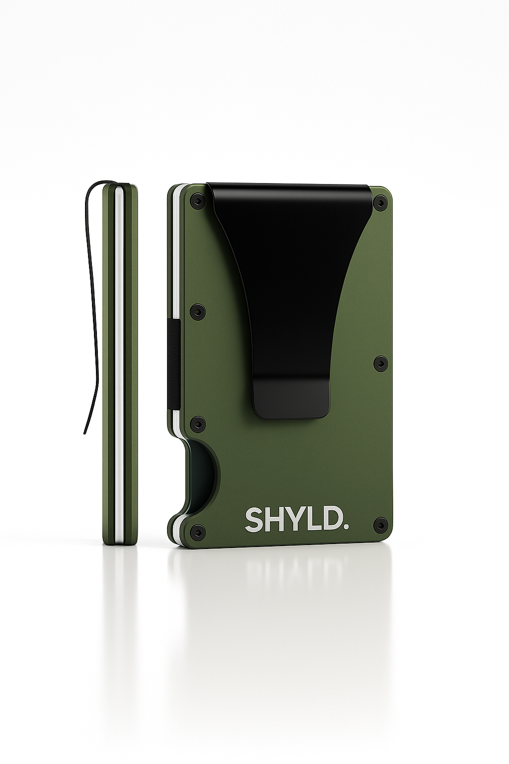 Porte-cartes en aluminium vert armée avec clip noir et profil- marque SHYLD.