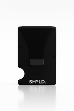 Porte-cartes RFID en aluminium noir avec clip noir- marque SHYLD.